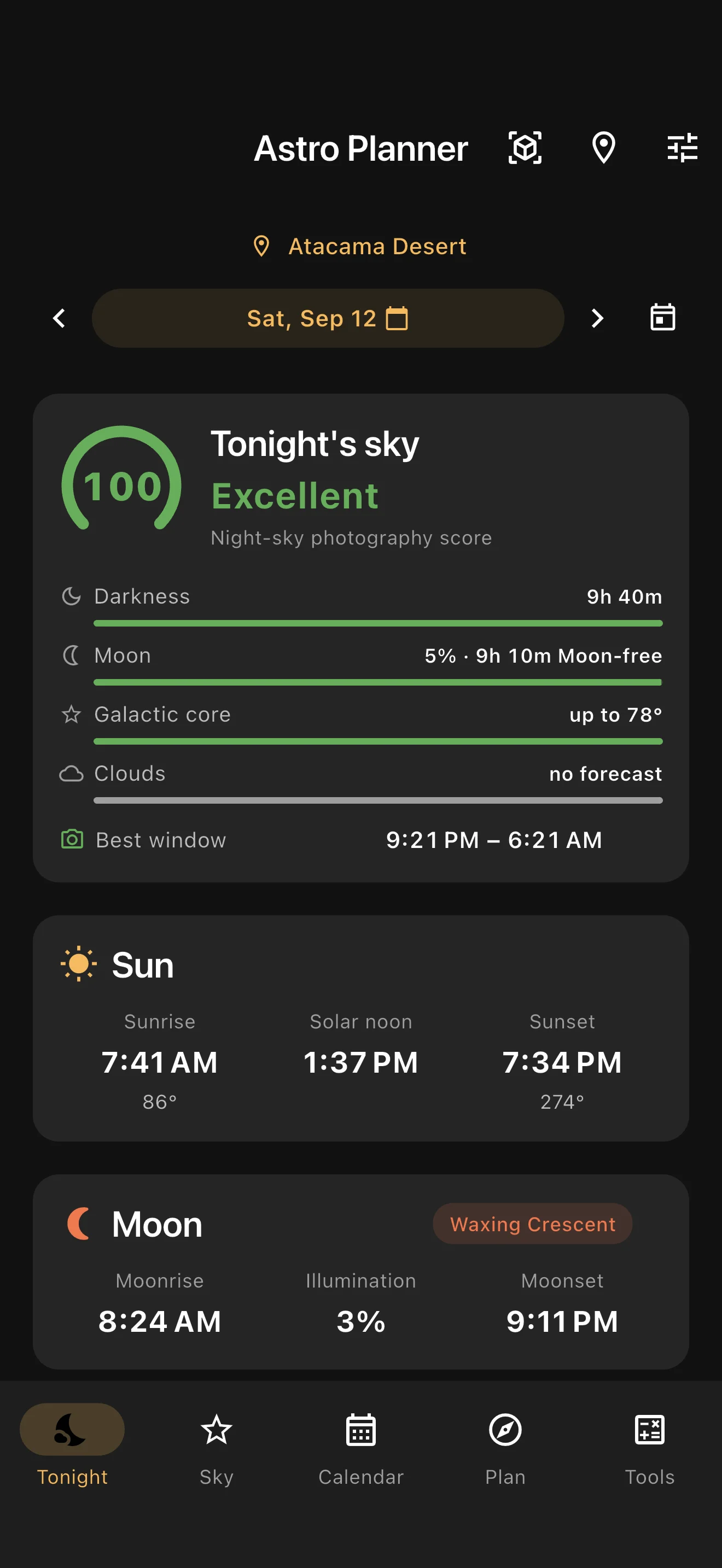 Astro Planner Tonight screen with a night score, Moon interference and the best dark window.