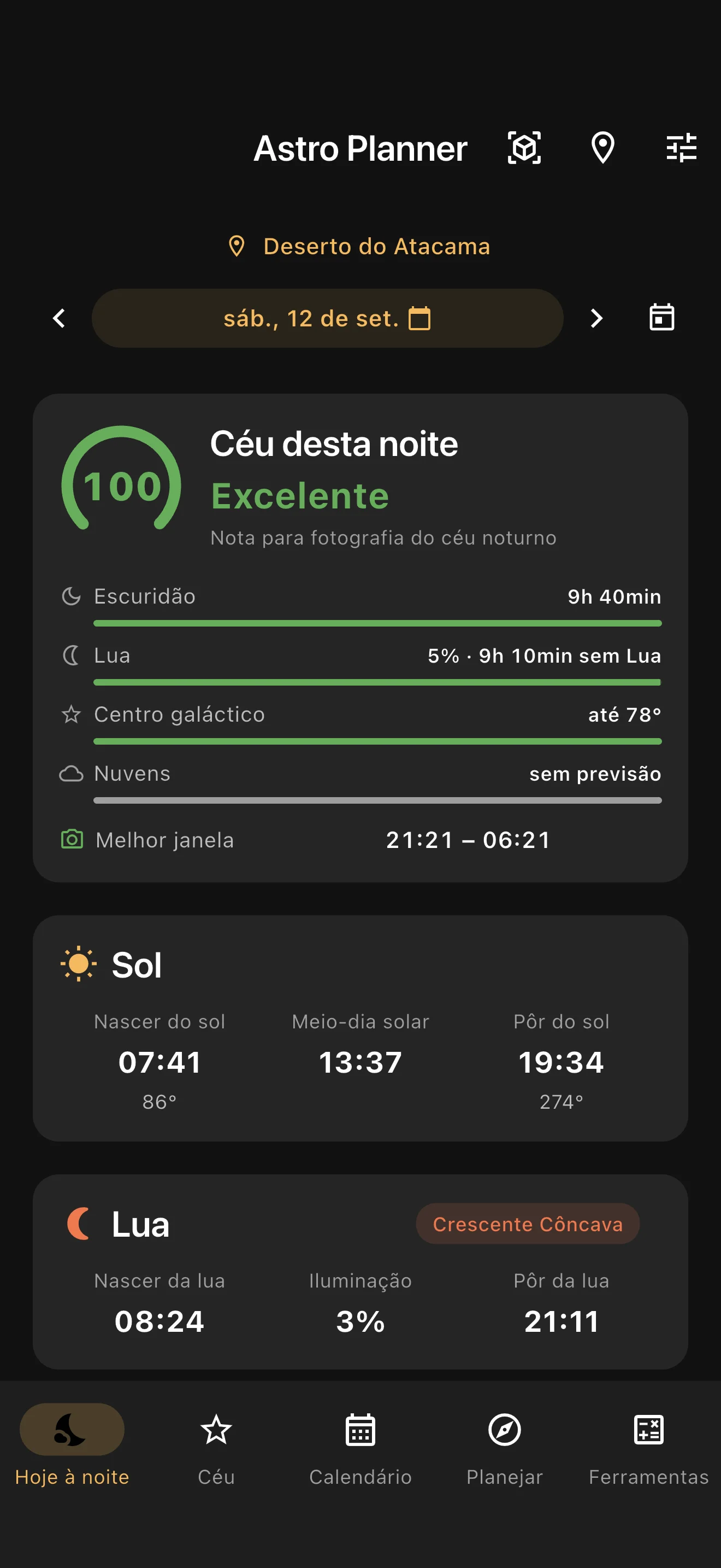 Tela Hoje à noite do Astro Planner com pontuação, interferência da Lua e a melhor janela de escuridão.