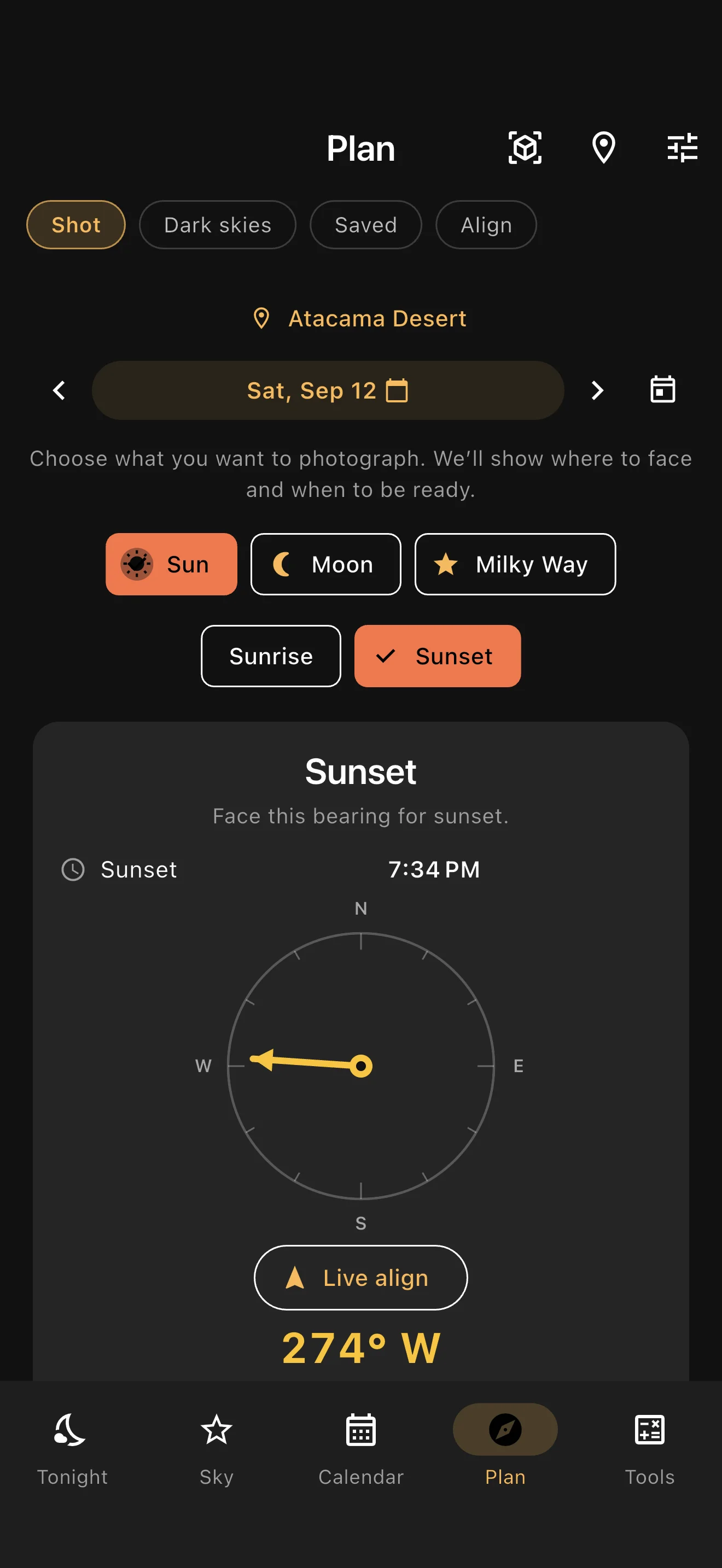 Shot planner showing a sunset time and compass bearing in the Atacama Desert.