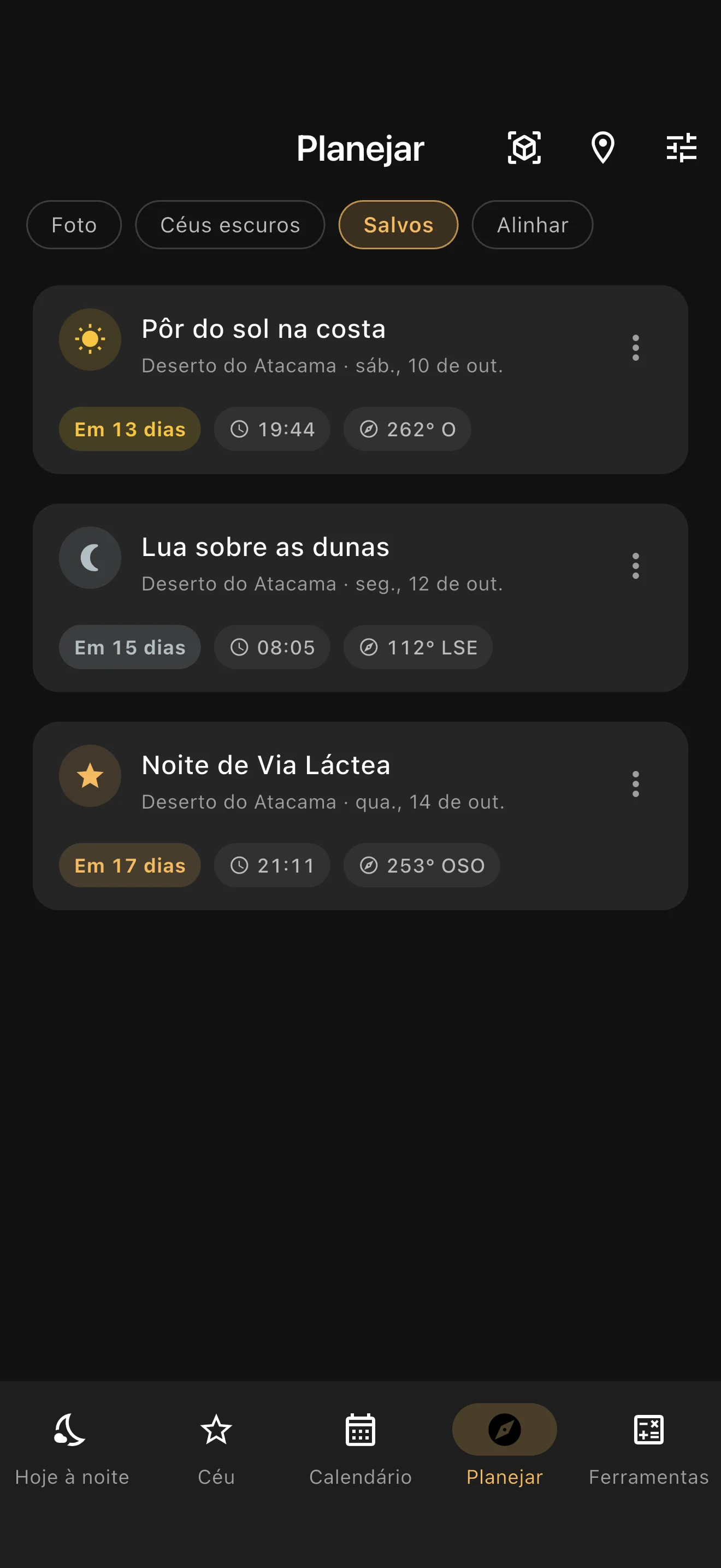 Lista de sessões salvas com pôr do sol na costa, Lua sobre as dunas e uma noite de Via Láctea.