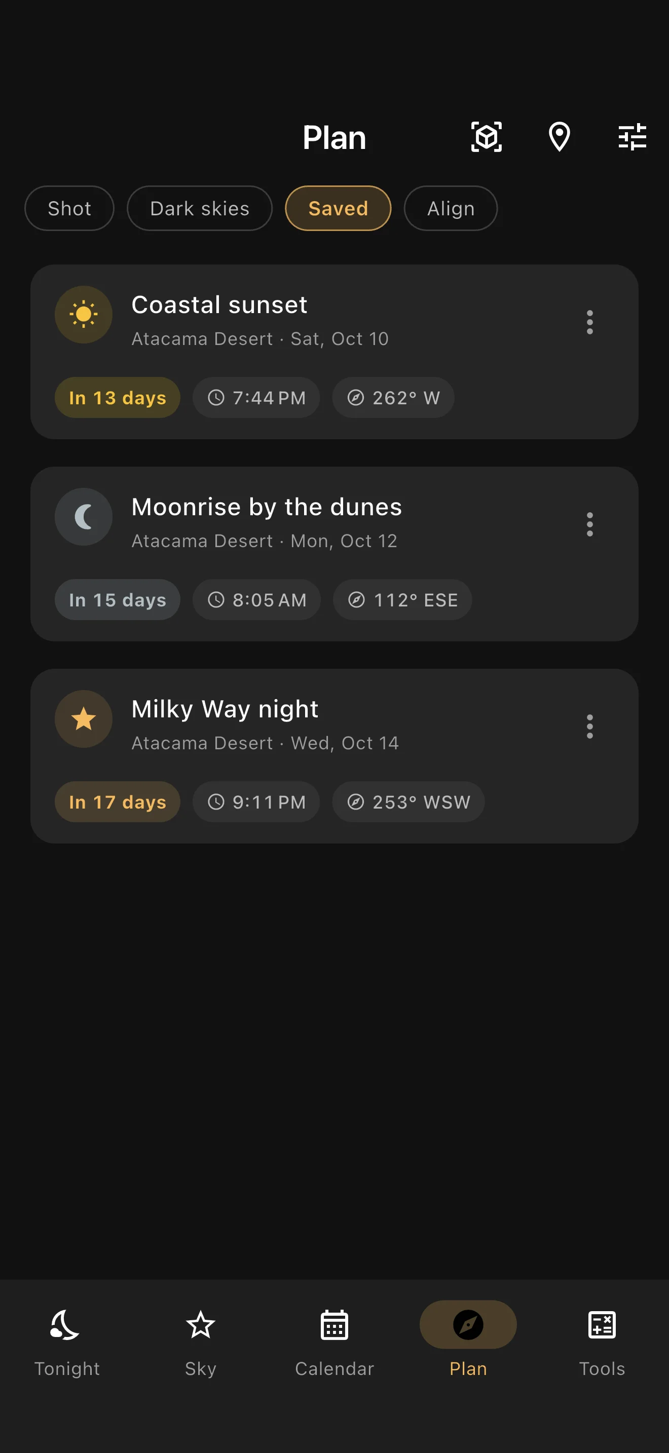 Saved shoots list with a coastal sunset, moonrise by the dunes and a Milky Way night.