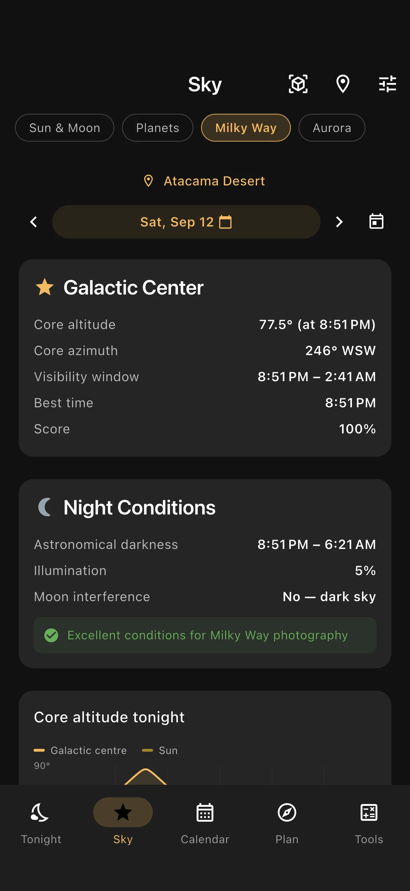 Milky Way screen showing galactic center position, visibility window and night conditions.