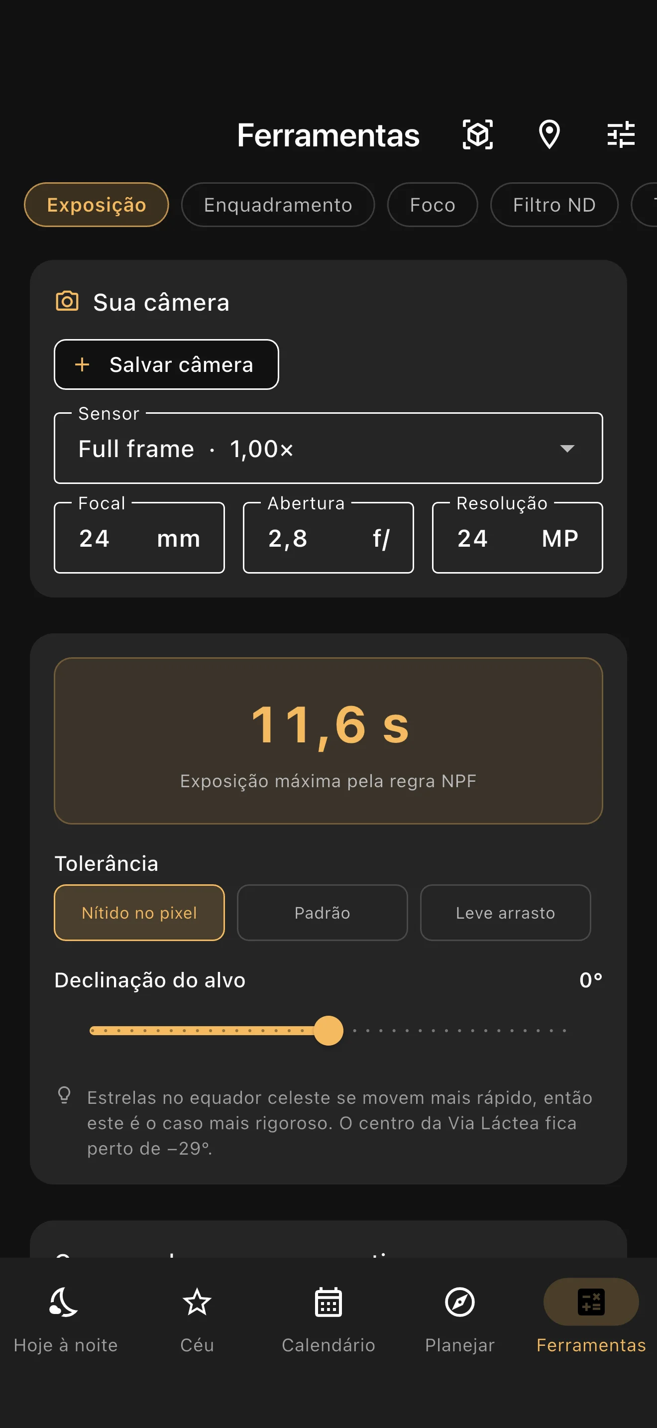 Ferramentas de câmera com configuração full frame salva e cálculo de exposição pela regra NPF.