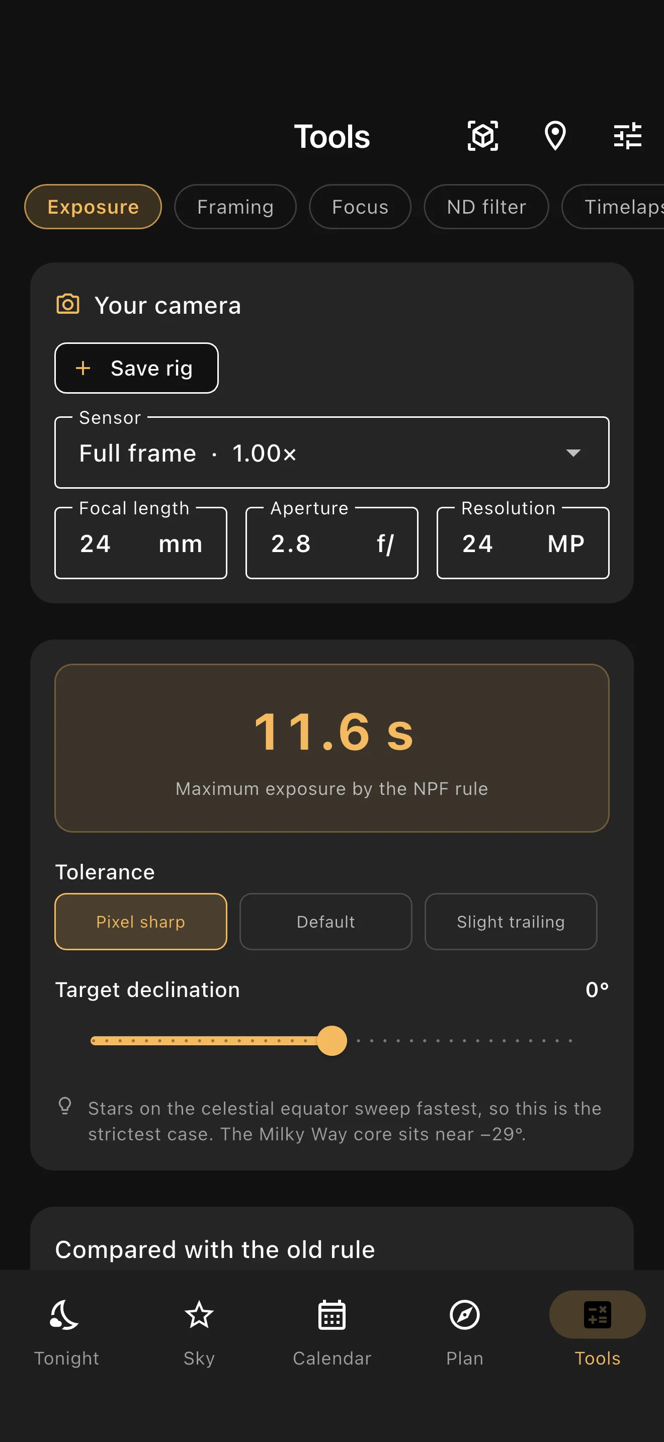 Camera tools screen with a saved full-frame camera setup and an NPF exposure calculation.
