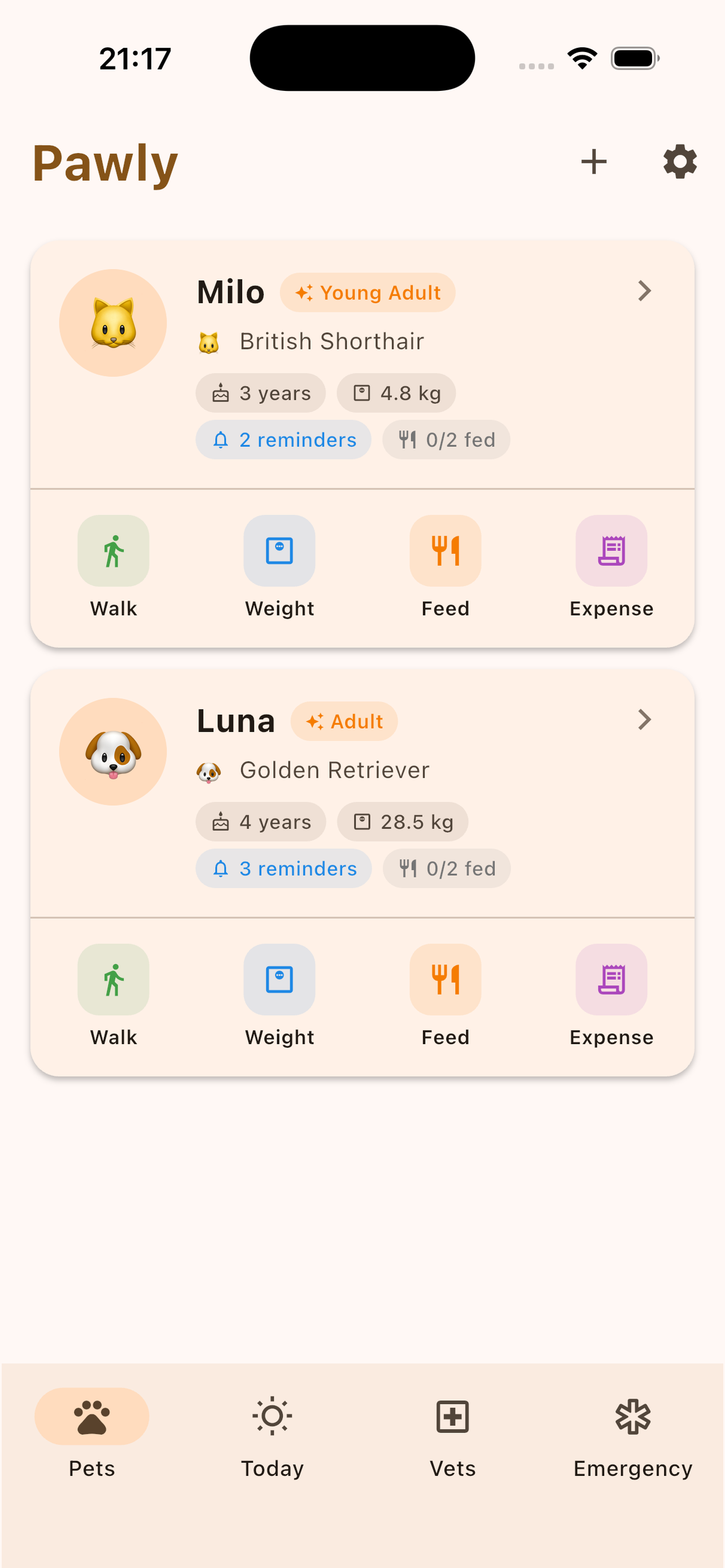 Pawly home screen showing Milo and Luna
