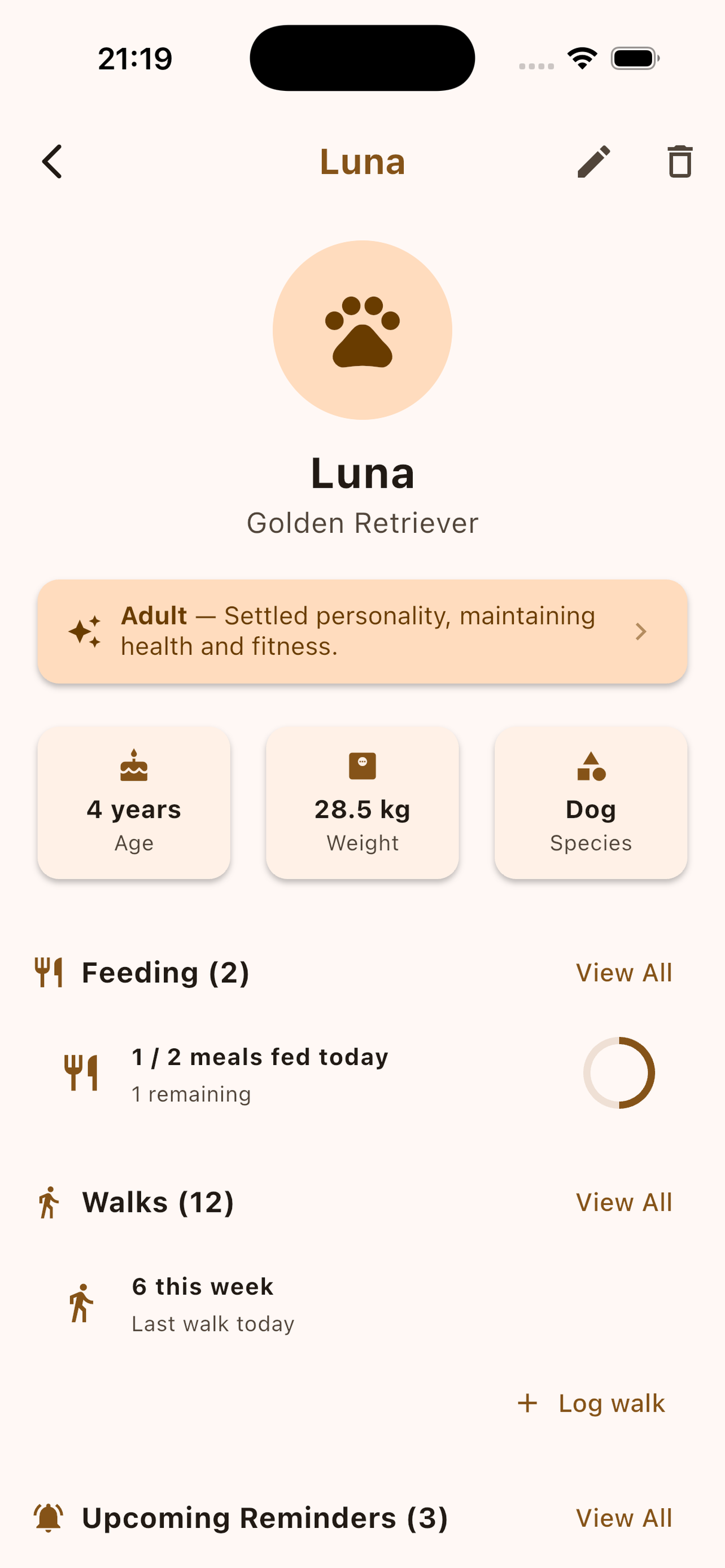 Pet profile with feeding, walks, and reminders